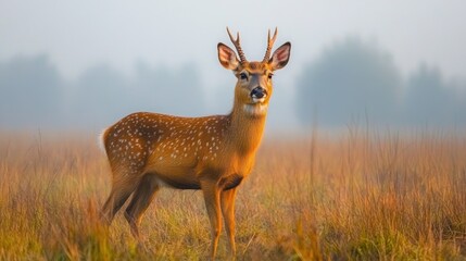 Obraz premium Hog Deer in a misty grassland, calm and composed stance under early morning light.