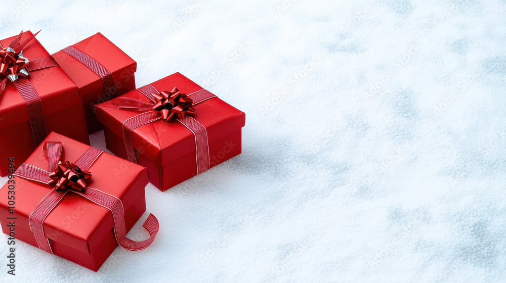 Poster festive red gift boxes with bows are arranged on snowy background, creating cheerful and inviting at