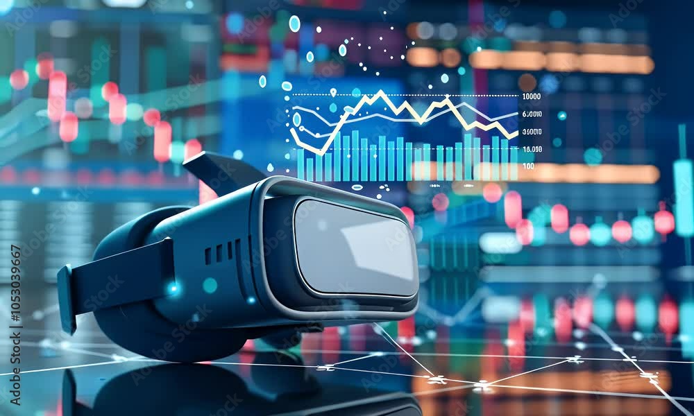 Poster 3d rendering of a virtual reality headset with a stock market graph going up on a blue background, i