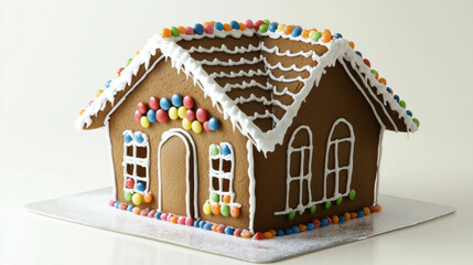 Fototapeta premium Gingerbread house decorated with colorful candies and icing, showcasing festive design. This delightful treat embodies spirit of holiday celebrations and creativity