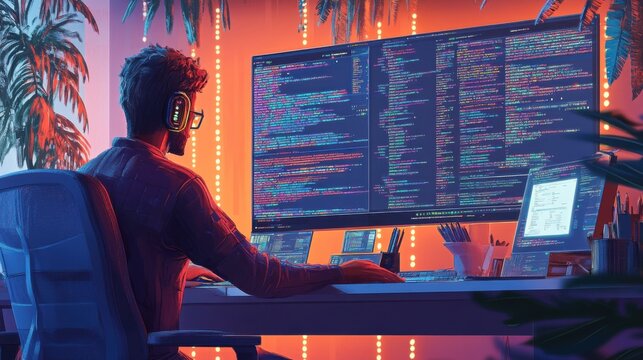 A coder using version control, with commit history, branches, and collaborative code