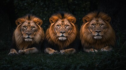 Lions resting in the wild with close-up photography, soft natural lighting highlighting their expressions.