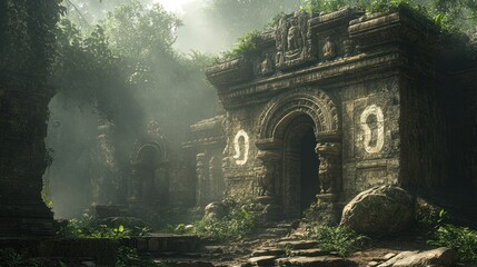 Fototapeta premium Ancient Stone Archway Hidden in a Lush Jungle
