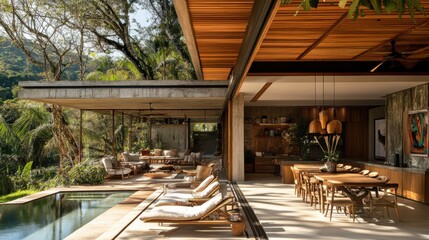Fototapeta premium A contemporary Brazilian house with a rustic touch, highlighted by local art pieces and