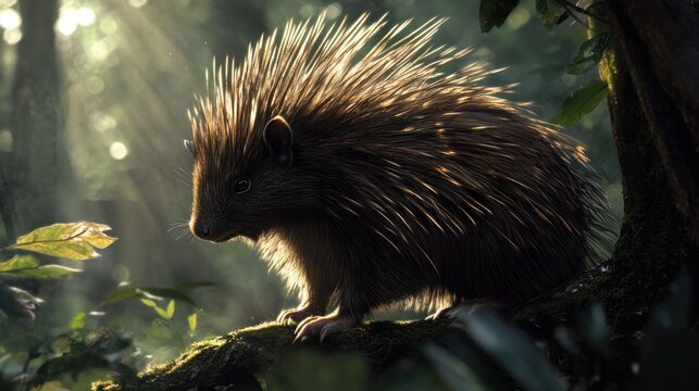 Long-tailed Porcupine, quills illuminated under dappled forest light.