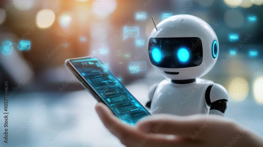 Poster a customer service ai chatbot on a smartphone, efficiently handling a user