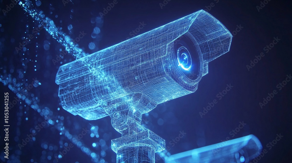 Poster a digital 3d representation of a surveillance camera composed of glowing particles, showcasing a fut