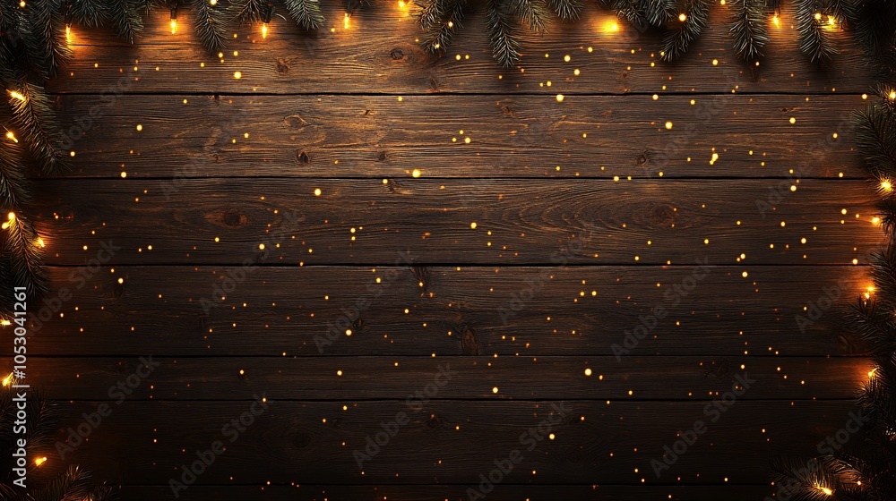 Poster a rustic wooden background adorned with glowing lights and festive decorations, creating a warm and 
