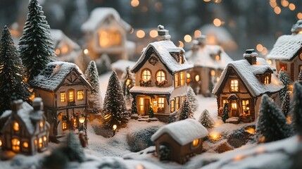Naklejka premium A charming winter village scene with snow-covered houses, illuminated windows, and evergreen trees, creating a cozy festive atmosphere.