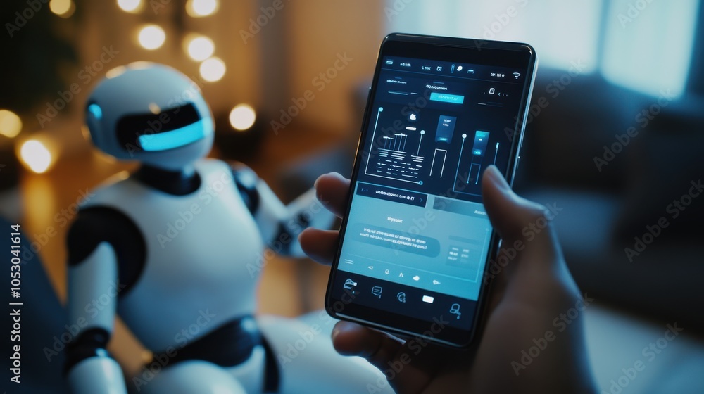 Poster a digital ai assistant chatting with a user on a sleek smartphone interface, providing quick