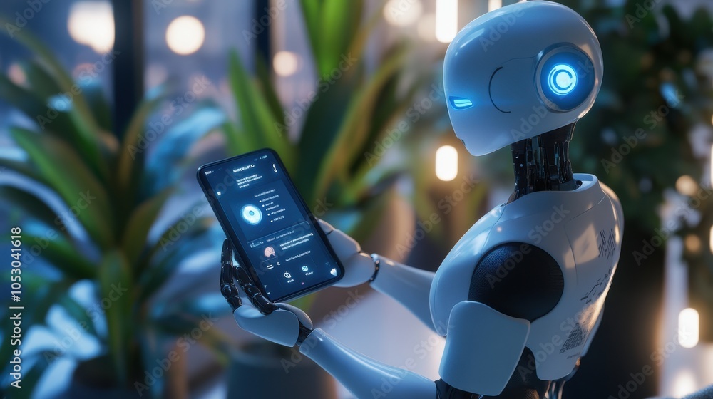 Poster a digital ai assistant chatting with a user on a sleek smartphone interface, providing quick