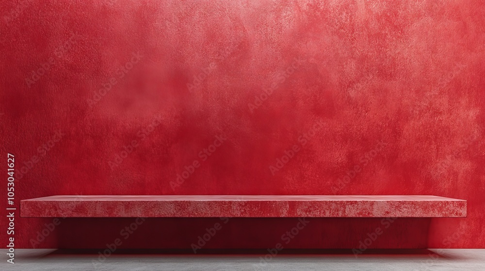 Poster empty red background with display stand or shelf for showcasing christmas concept designs, realistic