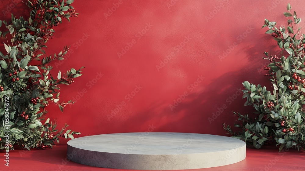 Poster empty red background with display stand or shelf for showcasing christmas concept designs, realistic