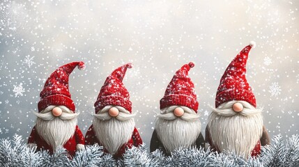 Four charming gnomes with red hats and fluffy beards are lined up, surrounded by a snowy background, evoking a festive winter atmosphere.