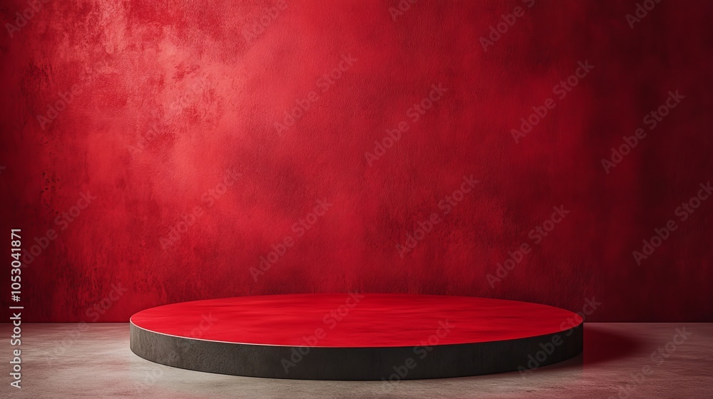 Poster empty red background with display stand or shelf for showcasing christmas concept designs, realistic