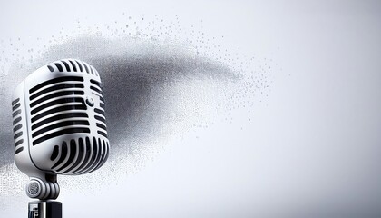 A vintage microphone appears to disperse into tiny particles, symbolizing the fragmentation of sound or communication.
