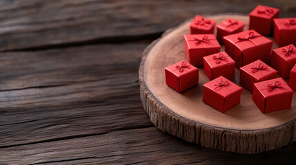 Small red gift boxes arranged on wooden platter create festive atmosphere. Perfect for celebrations, these charming presents add touch of joy and warmth to any occasion
