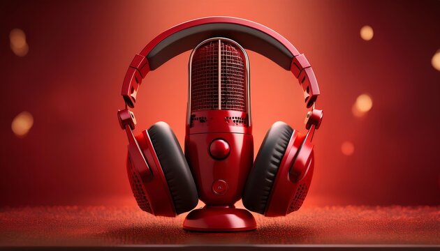 A striking red microphone paired with headphones, set against a warm, illuminated backdrop, capturing the essence of audio creativity and technology. - Powered by Adobe
