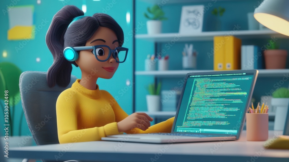 Poster a female programmer in 3d cartoon style, sitting at a desk with a laptop, coding a new
