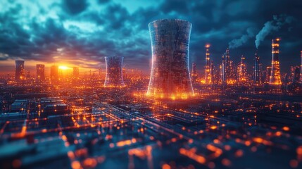 Fototapeta premium A futuristic city skyline with tall buildings and industrial structures, illuminated by glowing lights and smoke from factories.