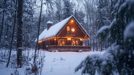 A cozy cabin in the woods, covered in snow, with Christmas lights twinkling from the windows