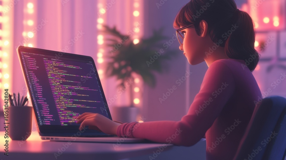 Poster a female software developer in 3d vector art, minimalistic style, typing code and building