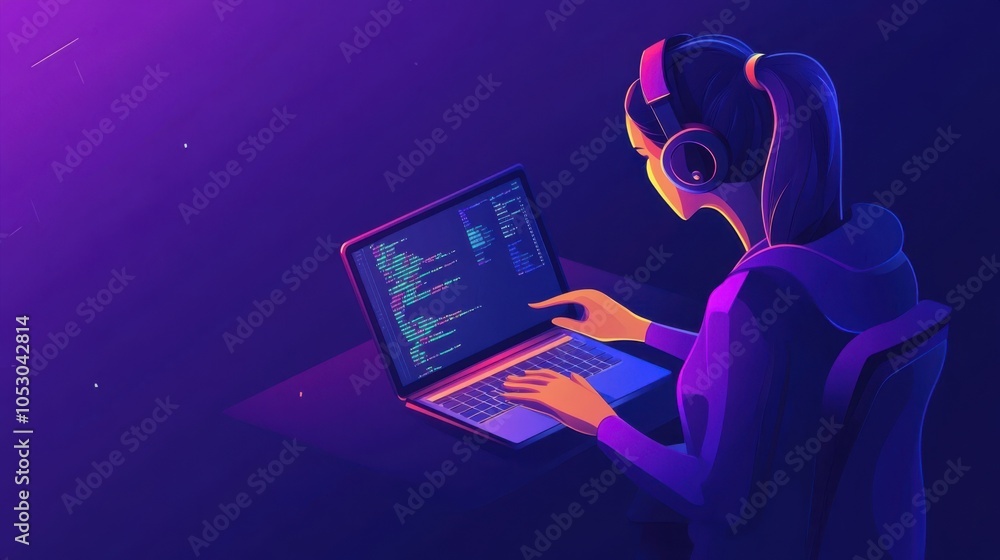 Aufkleber a female software developer in 3d vector art, minimalistic style, typing code and building