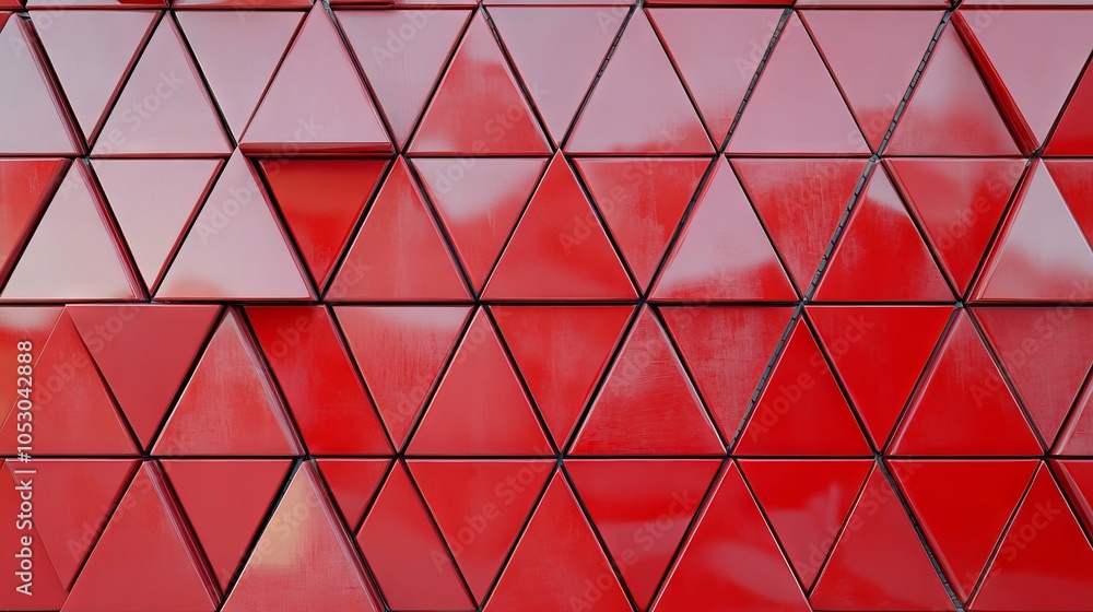 Poster futuristic 3d render of triangular tile wall background with polished red blocks for modern interior