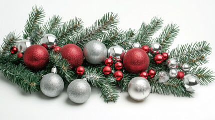 Festive arrangement of red and silver Christmas ornaments on evergreen branches, creating joyful holiday atmosphere. Perfect for seasonal decorations and celebrations