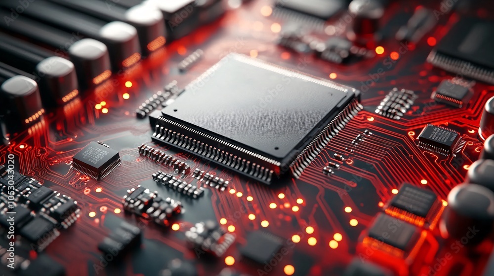 Poster a close-up view of a computer chip mounted on a vibrant red circuit board, showcasing intricate deta