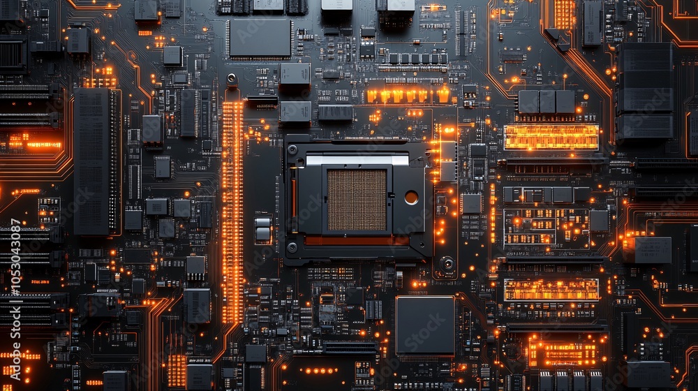 Aufkleber a close-up view of a computer circuit board with vibrant orange lights, showcasing intricate pathway