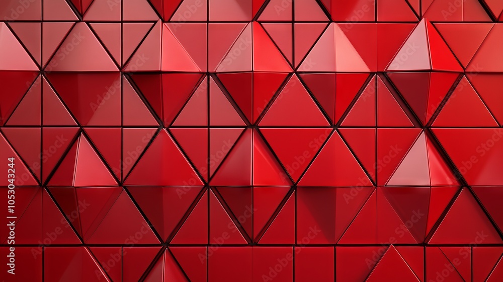 Poster futuristic 3d render of triangular tile wall background with polished red blocks for modern interior