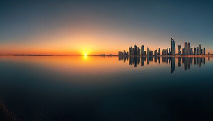 Naklejka premium A panoramic view of a modern cityscape silhouetted against a fiery sunset, with a perfect reflection on the calm water.