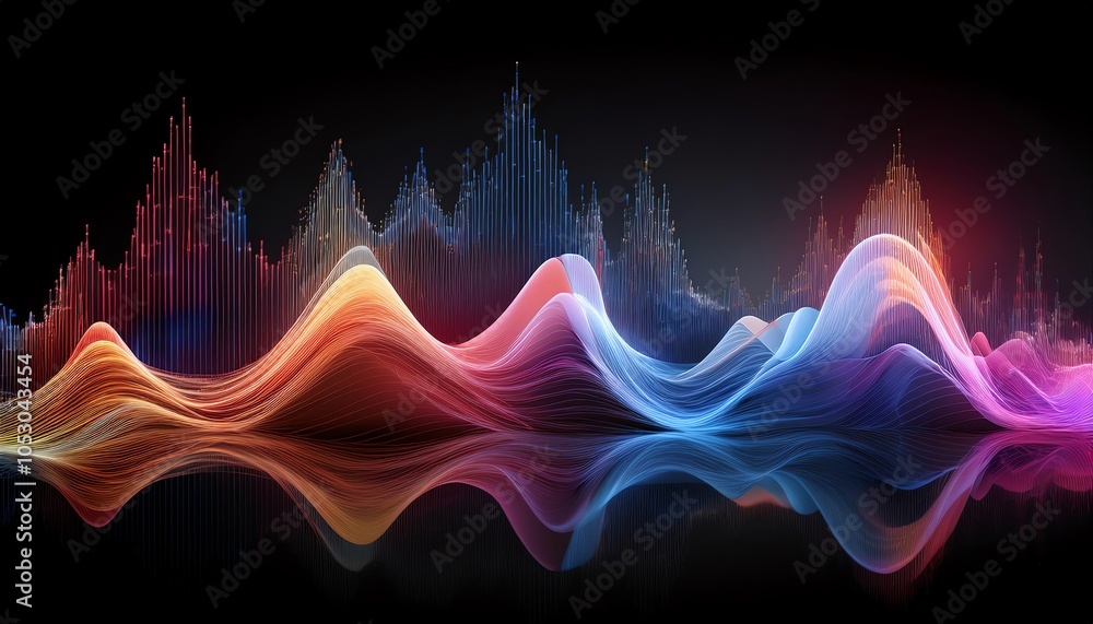 Poster a colorful visual representation of sound waves, displaying peaks and troughs in various vibrant hue