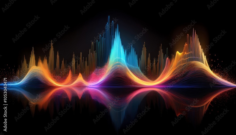 Poster a vibrant audio visualization displays colorful sound waves in a rhythmic pattern against a dark bac