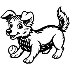Little dog playing with a ball line art on a white background