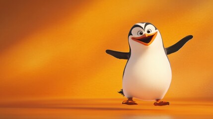 Obraz premium Happy penguin cartoon against a vibrant orange background, playful and cute, designed for light-hearted themes