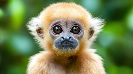 Obraz premium Pileated Gibbon, close-up of its expressive face with lush green jungle in the background.