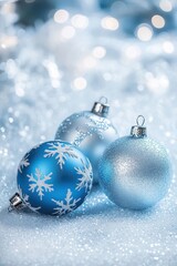 Blue Christmas Ornaments on a Light Blurred Background.