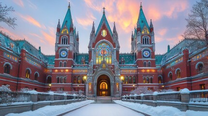 Obraz premium A majestic brick church with stained glass windows and snow-covered grounds under a pink and blue sky.