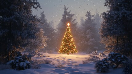 A peaceful snowy forest with a lone Christmas tree in the middle, decorated with lights and ornaments