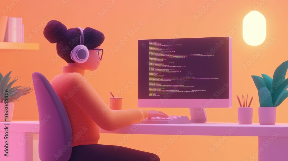 Poster a minimal 3d cartoon of a woman coding at her desk, creating innovative software with