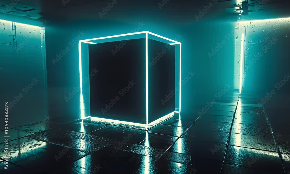 Poster a minimalistic black square glowing with white light, standing on the floor in an empty room illumin