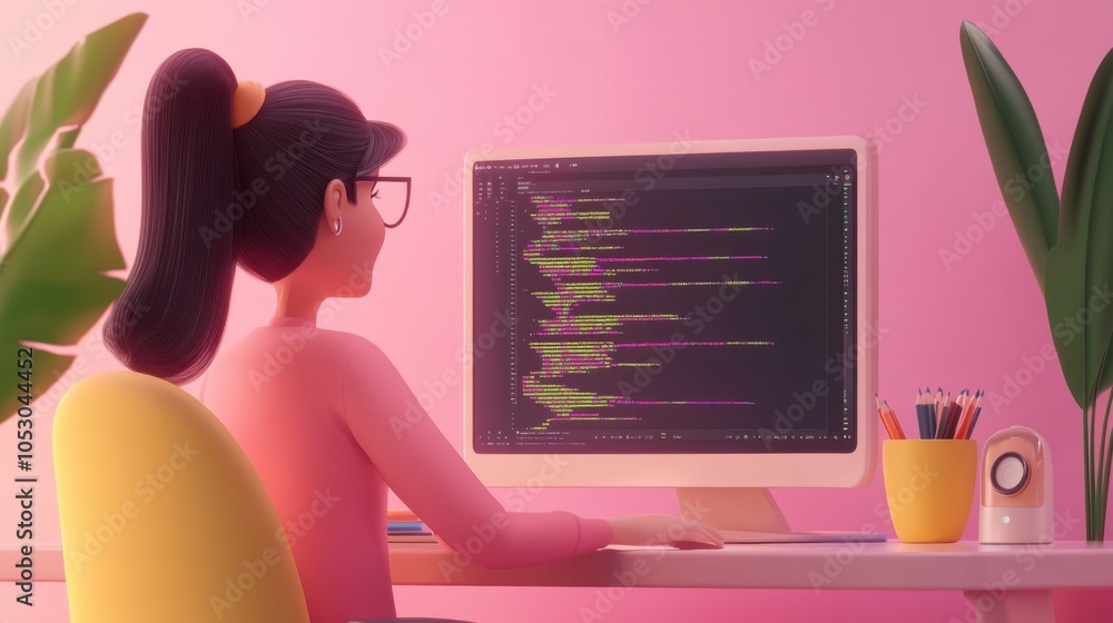 Poster a minimal 3d cartoon of a woman coding at her desk, creating innovative software with