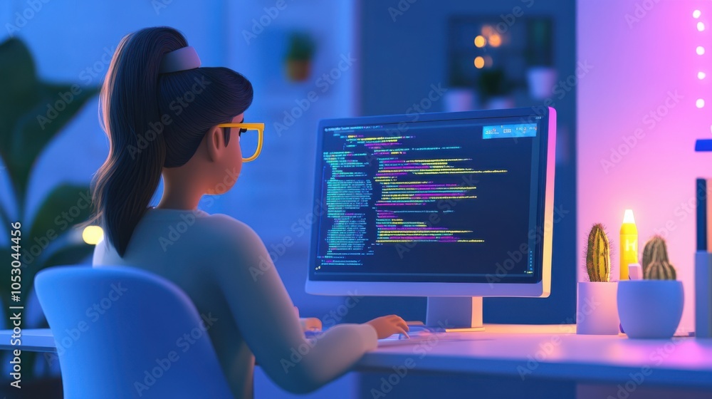 Poster a minimal 3d cartoon of a woman coding at her desk, creating innovative software with