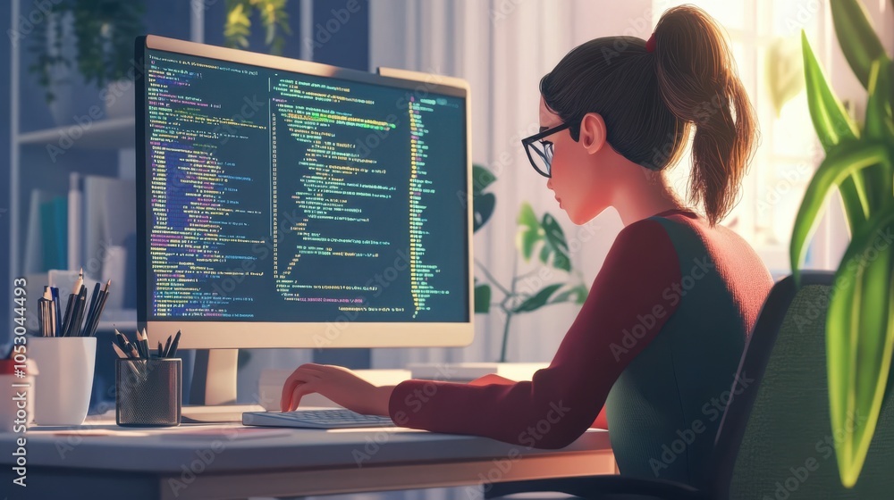 Poster a minimal 3d cartoon of a woman coding at her desk, creating innovative software with