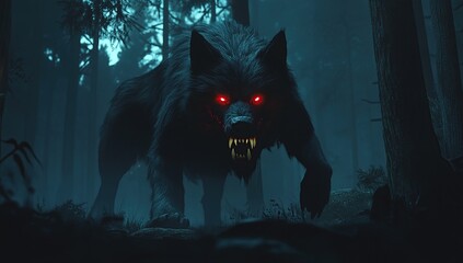 A black wolf with glowing red eyes stands in a misty forest, staring directly at the viewer, giving off a sense of danger and mystery.