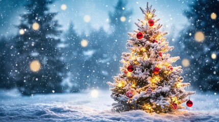 A snow-covered Christmas tree outdoors, adorned with twinkling lights and ornaments