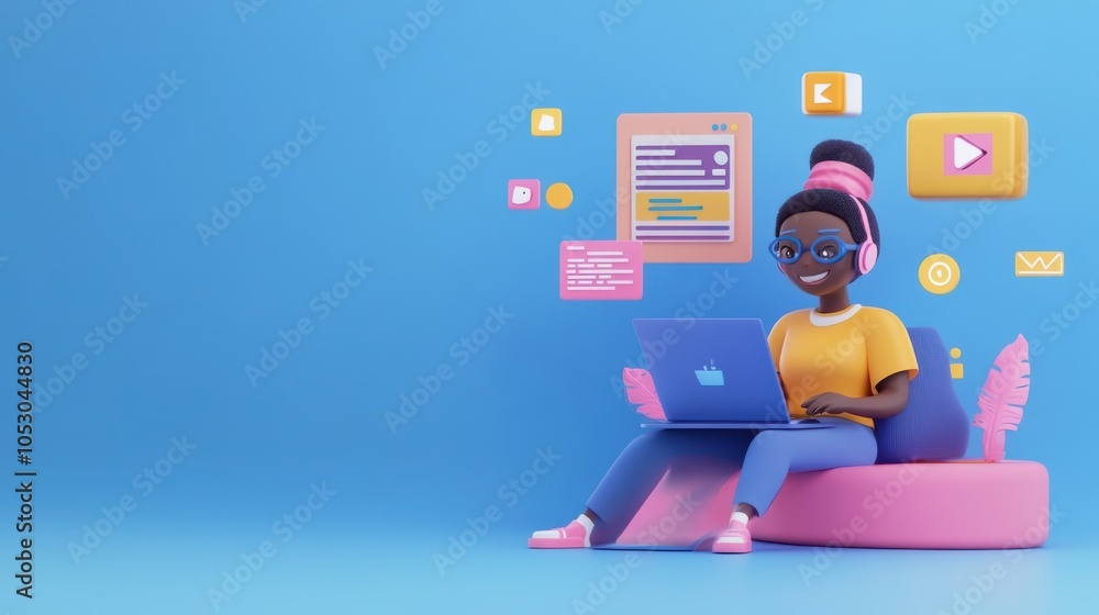 Poster a minimalistic 3d cartoon woman coding on a laptop, with lines of code and software icons