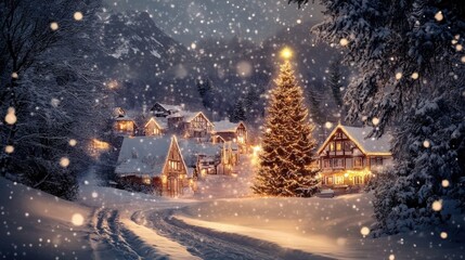 A snowy village at night, with Christmas lights twinkling in the windows and a large Christmas tree in the center